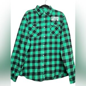 Flogging Molly Mens Green Buffalo Check Cotton Flannel Button up Shirt XXL 2XL